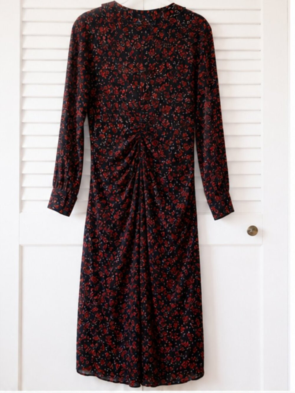 Madewell Floral Ruched Ruffle Midi Dress Black Red Romantic Size 10 - Picture 6 of 8